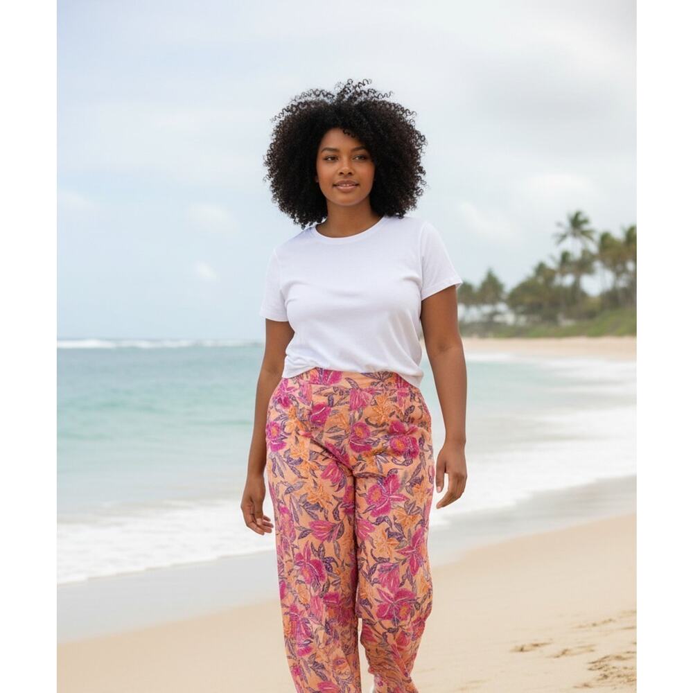 NEW Old Navy Pants Womens 3X Pink Floral Cropped Wide Leg Beachy Boho Rayon